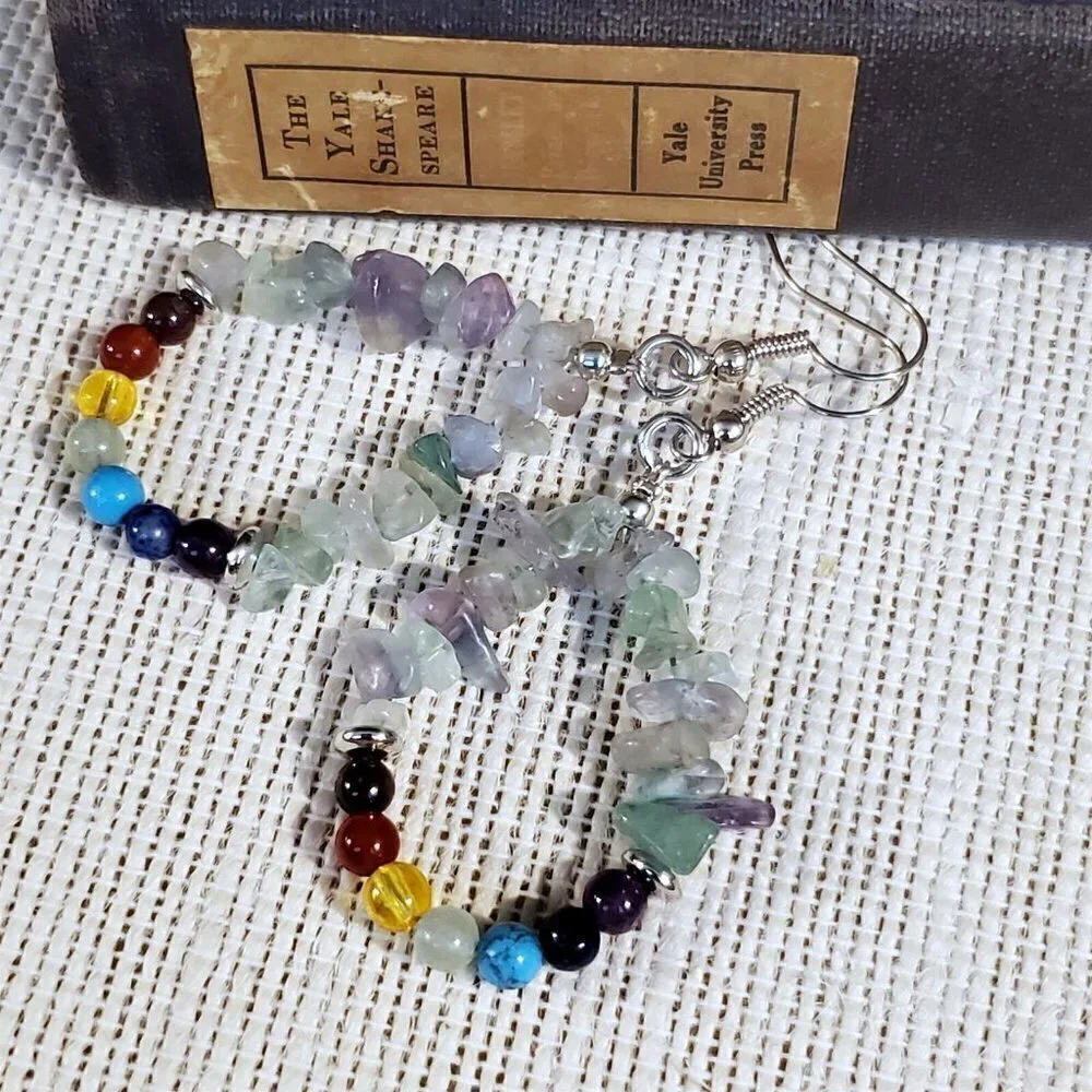Artisan Rainbow Fluorite 7 Chakras Yoga Om Mindful Gemstone Teardrop Earrings